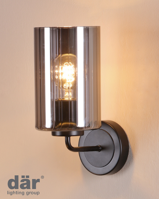 Dar Lighting Daylin Satin Black & Smoked Ribbed Glass Wall Light