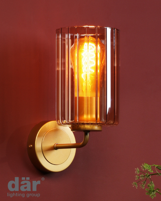 Dar Lighting Daylin Satin Gold & Amber Ribbed Glass Wall Light