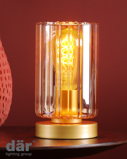 Dar Lighting Daylin Satin Gold & Amber Ribbed Glass Table Lamp