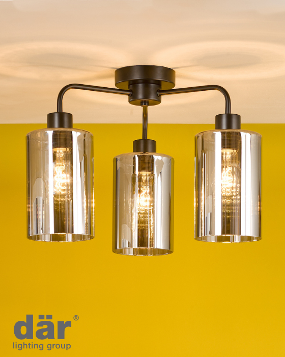 Dar Lighting Daylin 3 Light Satin Black & Smoked Ribbed Glass Semi Flush