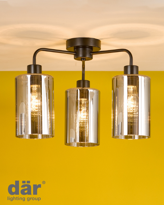 Dar Lighting Daylin 3 Light Satin Black & Smoked Ribbed Glass Semi Flush