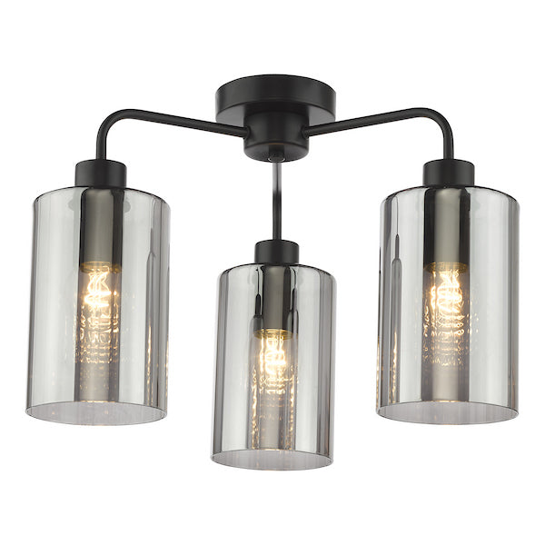 Dar Lighting Daylin 3 Light Satin Black & Smoked Ribbed Glass Semi Flush
