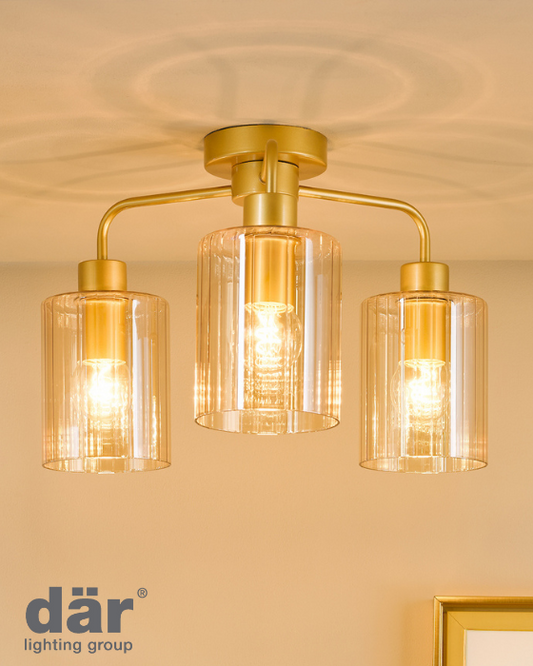 Dar Lighting Daylin 3 Light Satin Gold & Amber Ribbed Glass Semi Flush