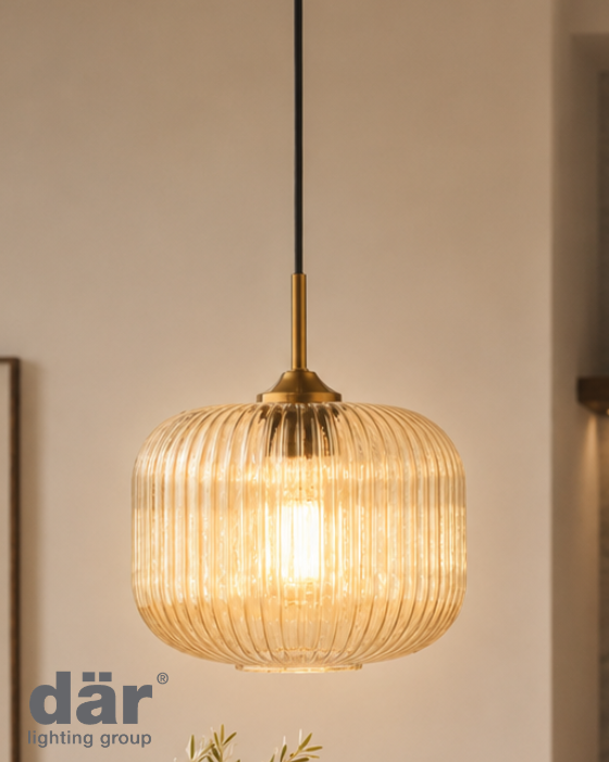 Dar Lighting Demarius Amber Ribbed Glass & Natural Brass Pendant