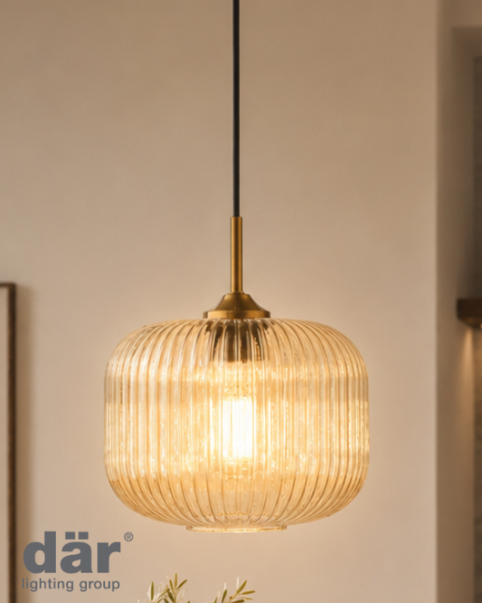 Dar Lighting Demarius Amber Ribbed Glass & Natural Brass Pendant