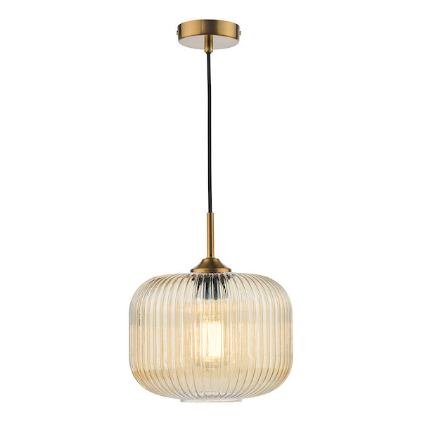 Dar Lighting Demarius Amber Ribbed Glass & Natural Brass Pendant