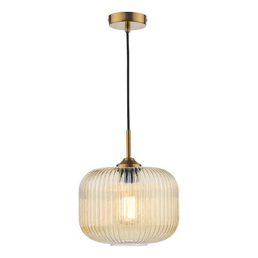 Dar Lighting Demarius Amber Ribbed Glass & Natural Brass Pendant