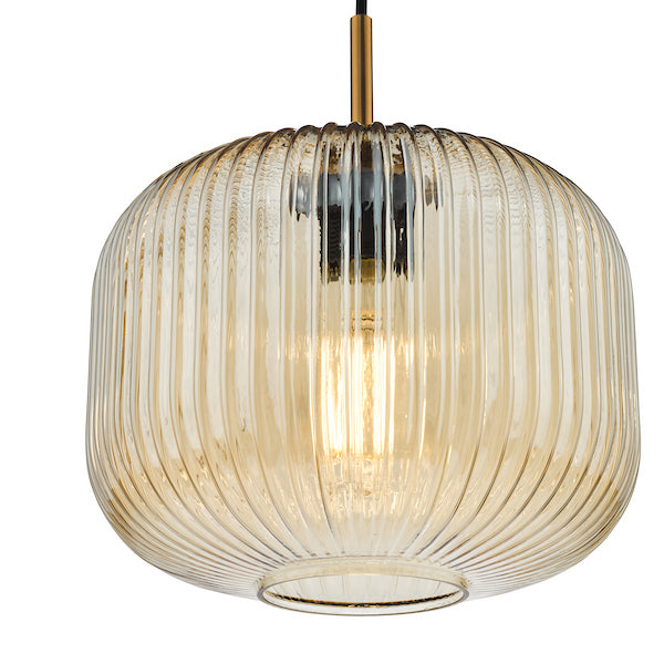 Dar Lighting Demarius Amber Ribbed Glass & Natural Brass Pendant