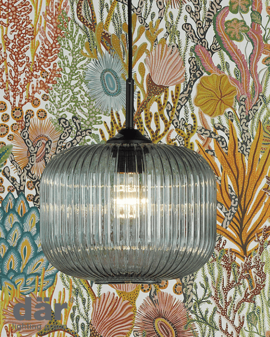 Dar Lighting Demarius Matt Black & Blue Ribbed Glass Pendant