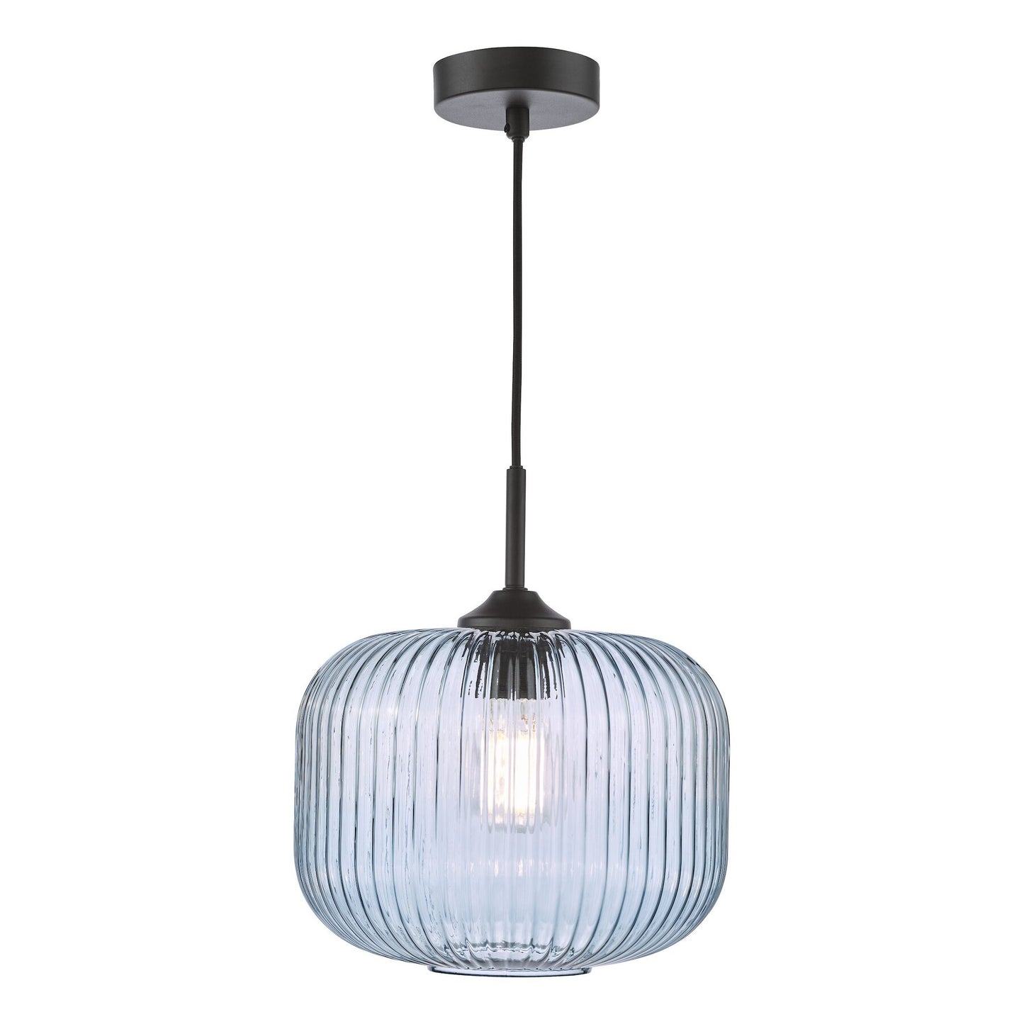 Dar Lighting Demarius Matt Black & Blue Ribbed Glass Pendant