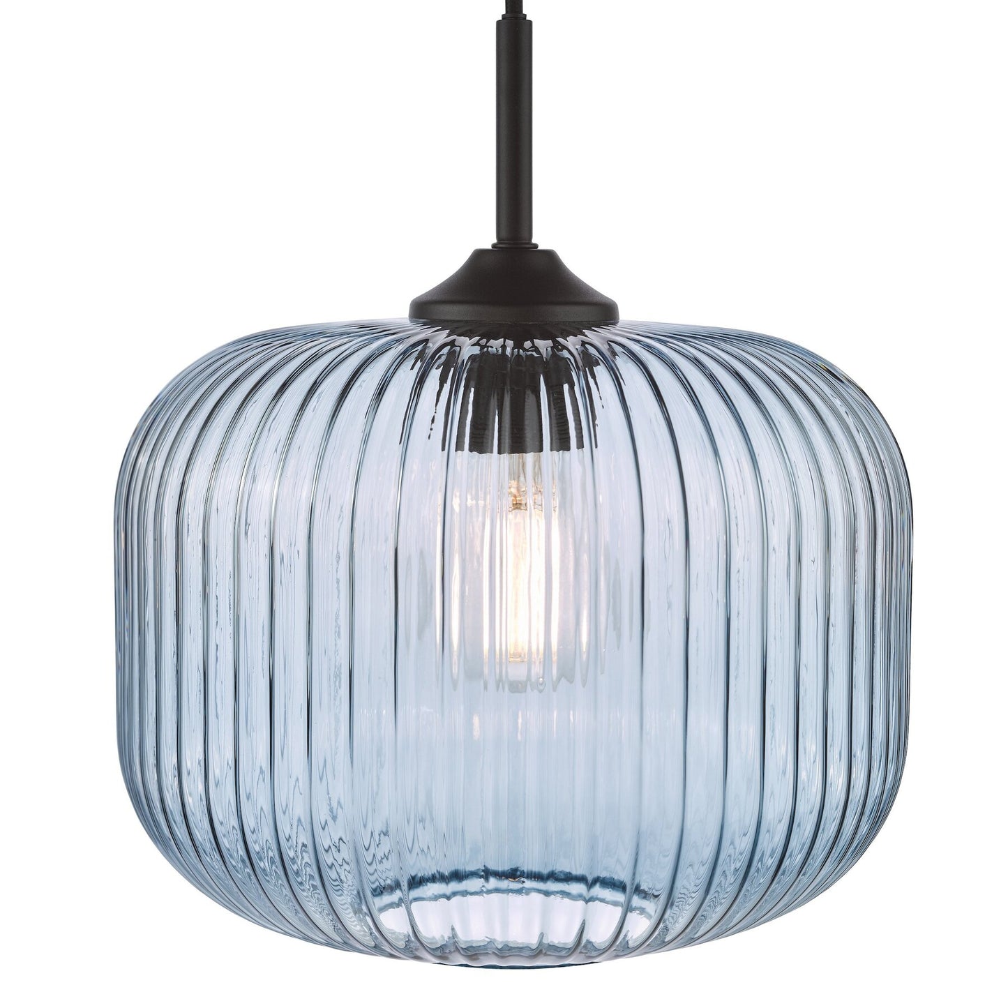 Dar Lighting Demarius Matt Black & Blue Ribbed Glass Pendant
