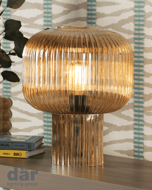 Dar Lighting Demarius Amber Ribbed Glass Table Lamp