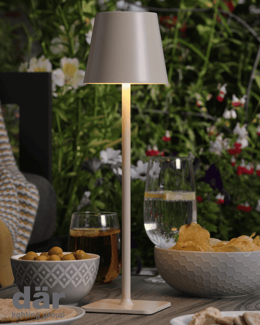 Dar Lighting Derrick LED IP54 Satin Grey Rechargeable Outdoor Table Lamp