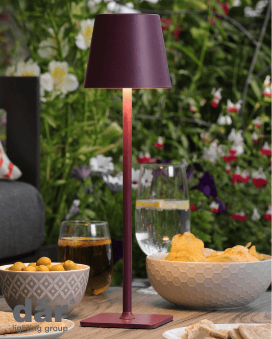Dar Lighting Derrick LED IP54 Satin Purple Rechargeable Outdoor Table Lamp