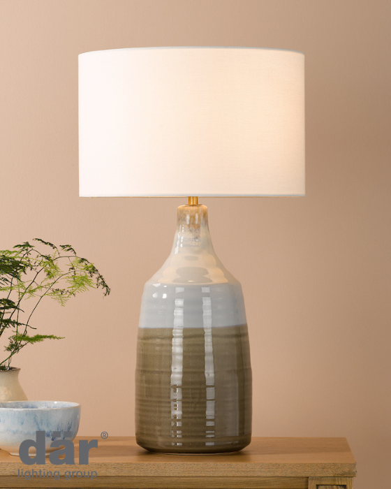 Dar Lighting Desirus Blue Ceramic & Antique Brass Table Lamp With Ivory Drum Shade