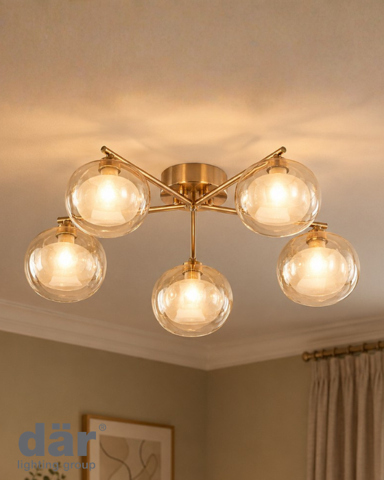 Dar Lighting Diego 5 Light Antique Bronze & Amber Dual Layer Glass Semi-Flush
