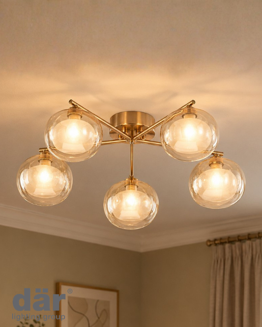 Dar Lighting Diego 5 Light Antique Bronze & Amber Dual Layer Glass Semi-Flush