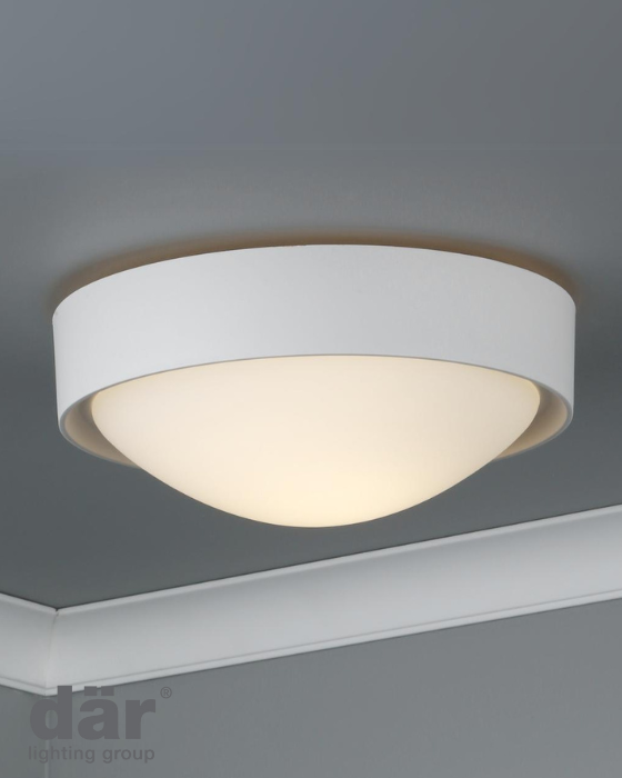 Ceiling light fixture with white shade on a gray ceiling, featuring the Dar Lighting Group logo.