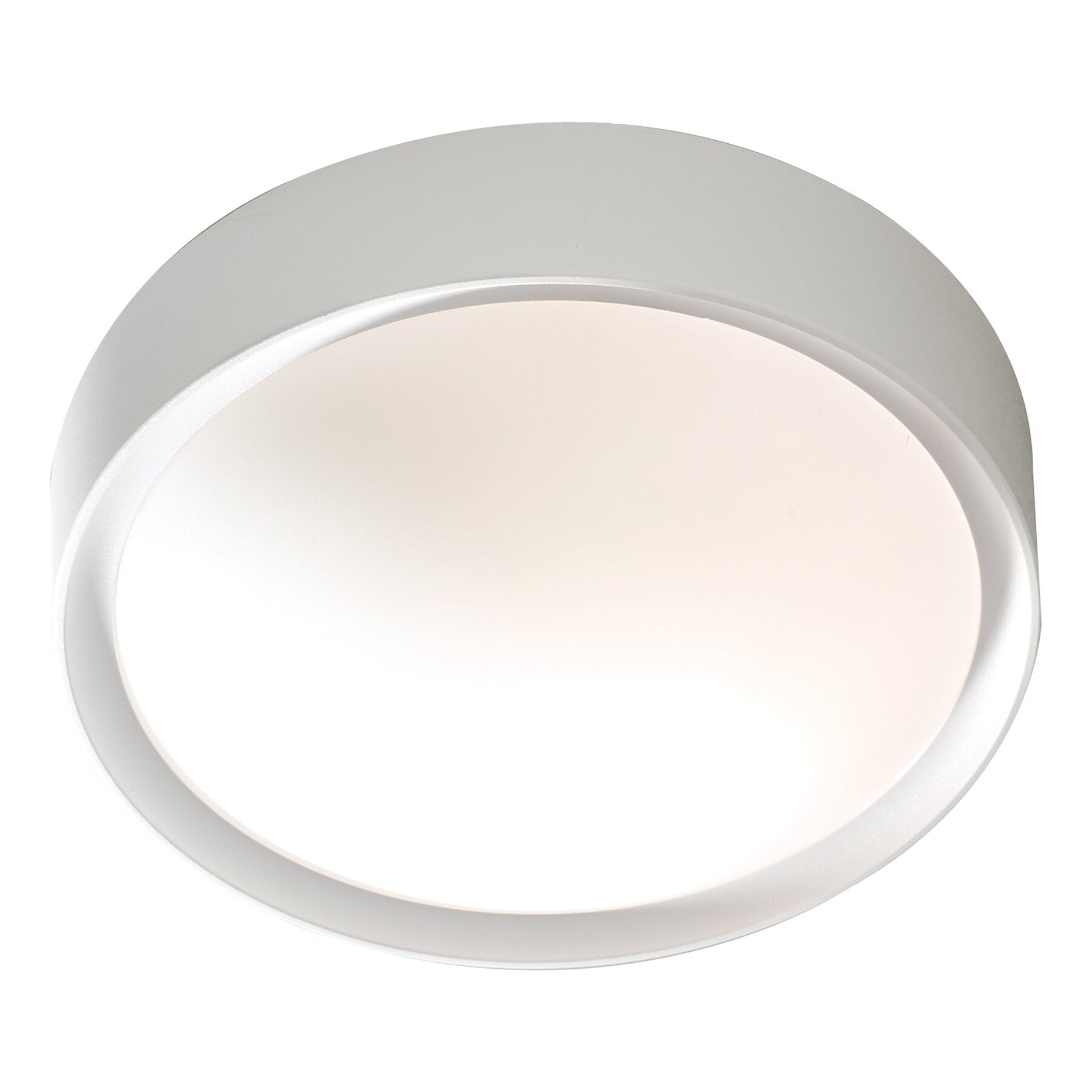 Round dar lighting ceiling light fixture with white shade on a white background