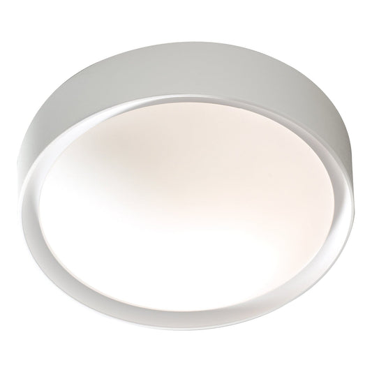 Round dar lighting ceiling light fixture with white shade on a white background