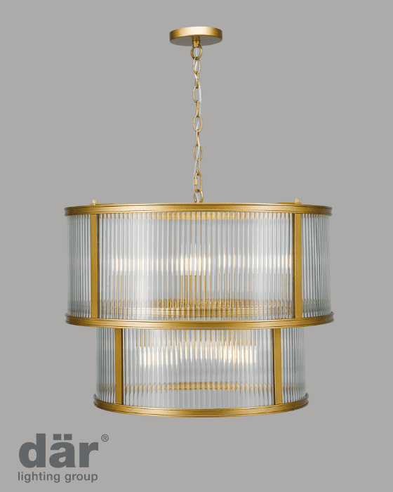 Chandelier with gold frame and clear glass on a gray background, featuring the dar lighting group logo.