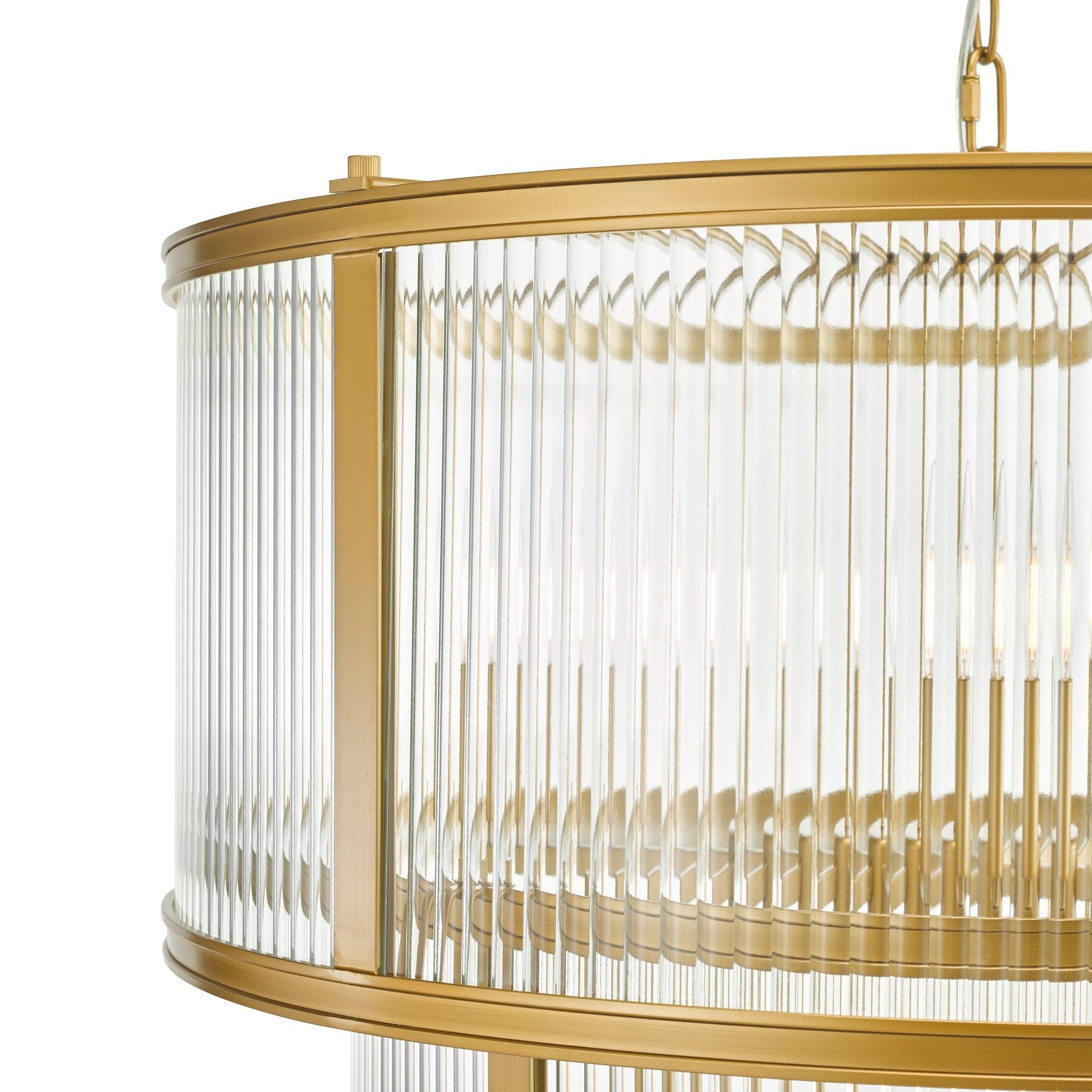 Gold and clear glass dar lighting chandelier on a white background