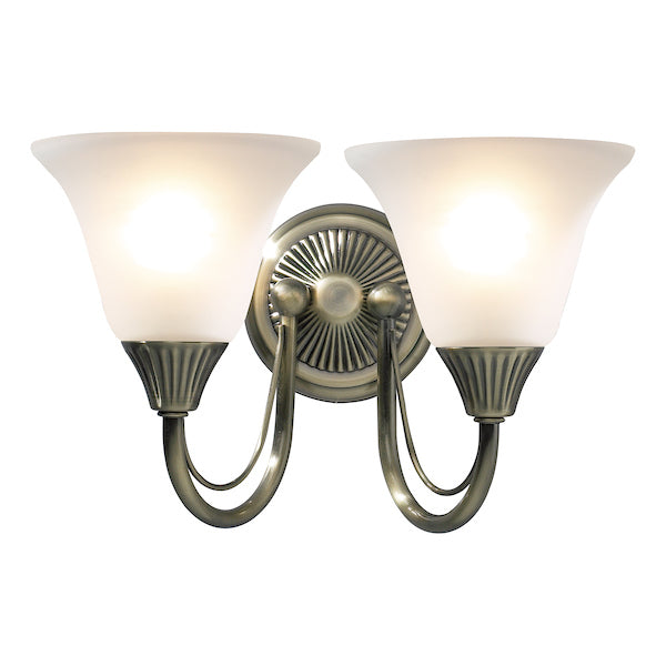 Dar lighting two-light wall sconce with glass shades on a white background