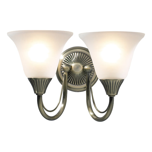 Dar lighting two-light wall sconce with glass shades on a white background