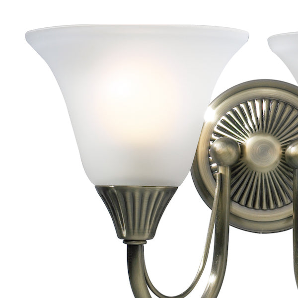 Dar lighting wall sconce with white glass shades and metallic finish on a white background