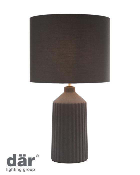 Dar Lighting grey ribbed table lamp with black shade on white background with logo bottom left. 