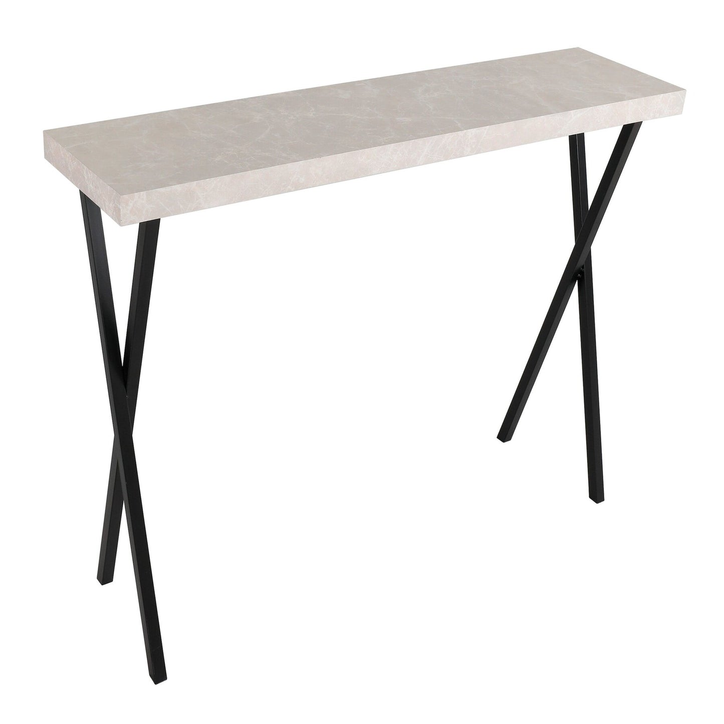 Dar lighting console table with concrete-like top and black metal legs on a white background