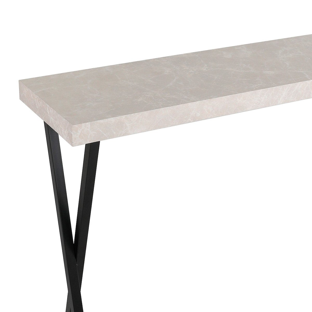 Dar lighting console table with concrete-like top and black metal legs on a white background