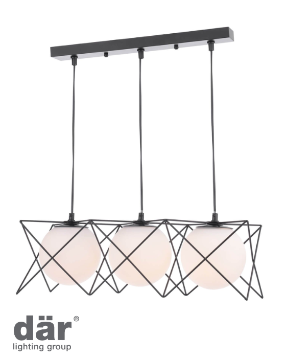Geometic modern black bar pendant from Dar Lighting with opal glass spherical shades on a white background with logo bottom left corner.