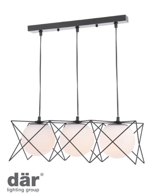 Geometic modern black bar pendant from Dar Lighting with opal glass spherical shades on a white background with logo bottom left corner.