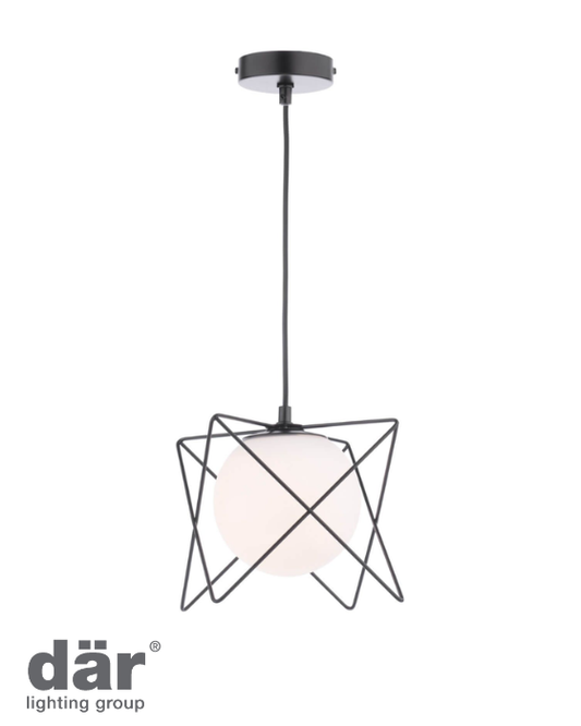 Modern pendant light with black geometric design and opal glass shades on a white background, featuring the dar lighting group logo.