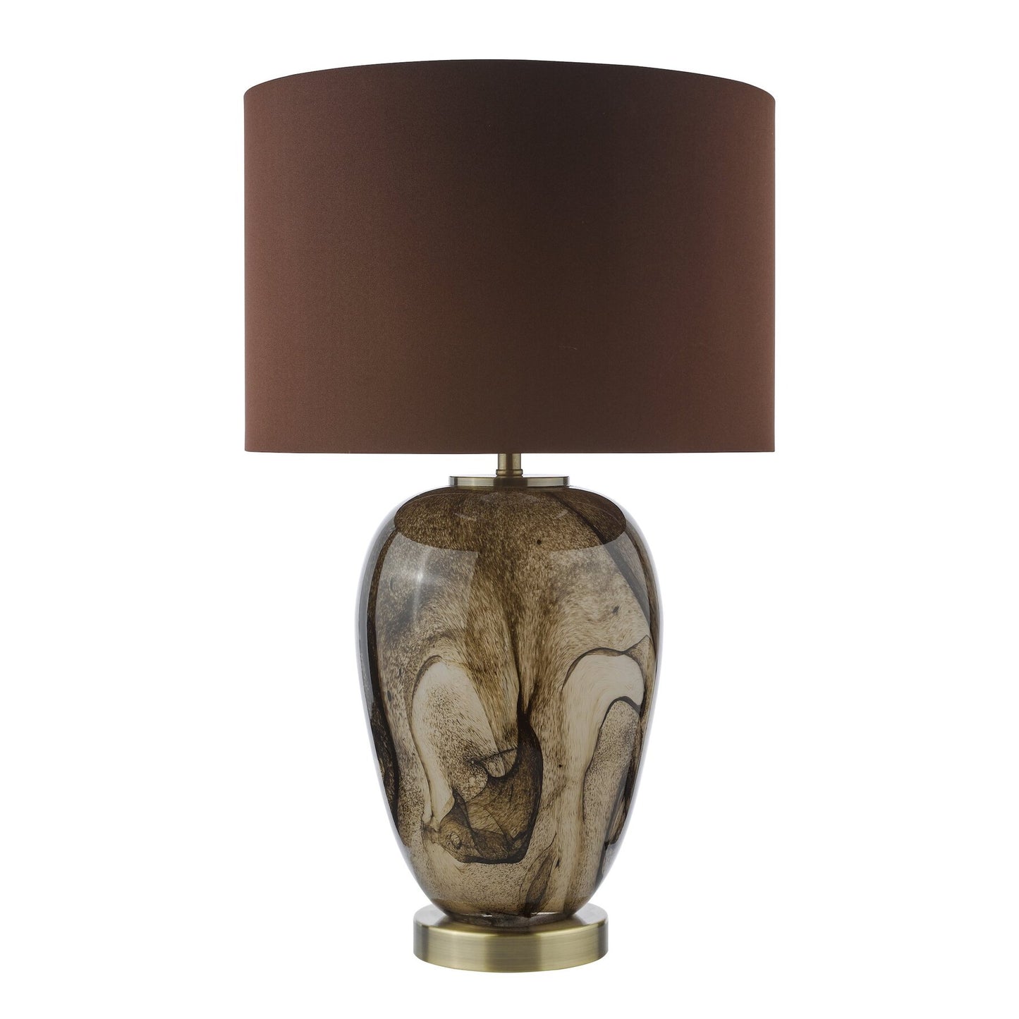 Decorative dar lighting table lamp with a marbled base and brown shade on a white background