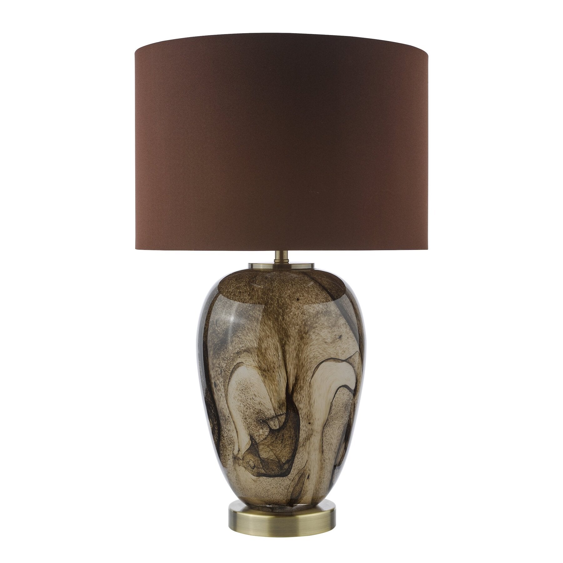 Decorative dar lighting table lamp with a marbled base and brown shade on a white background