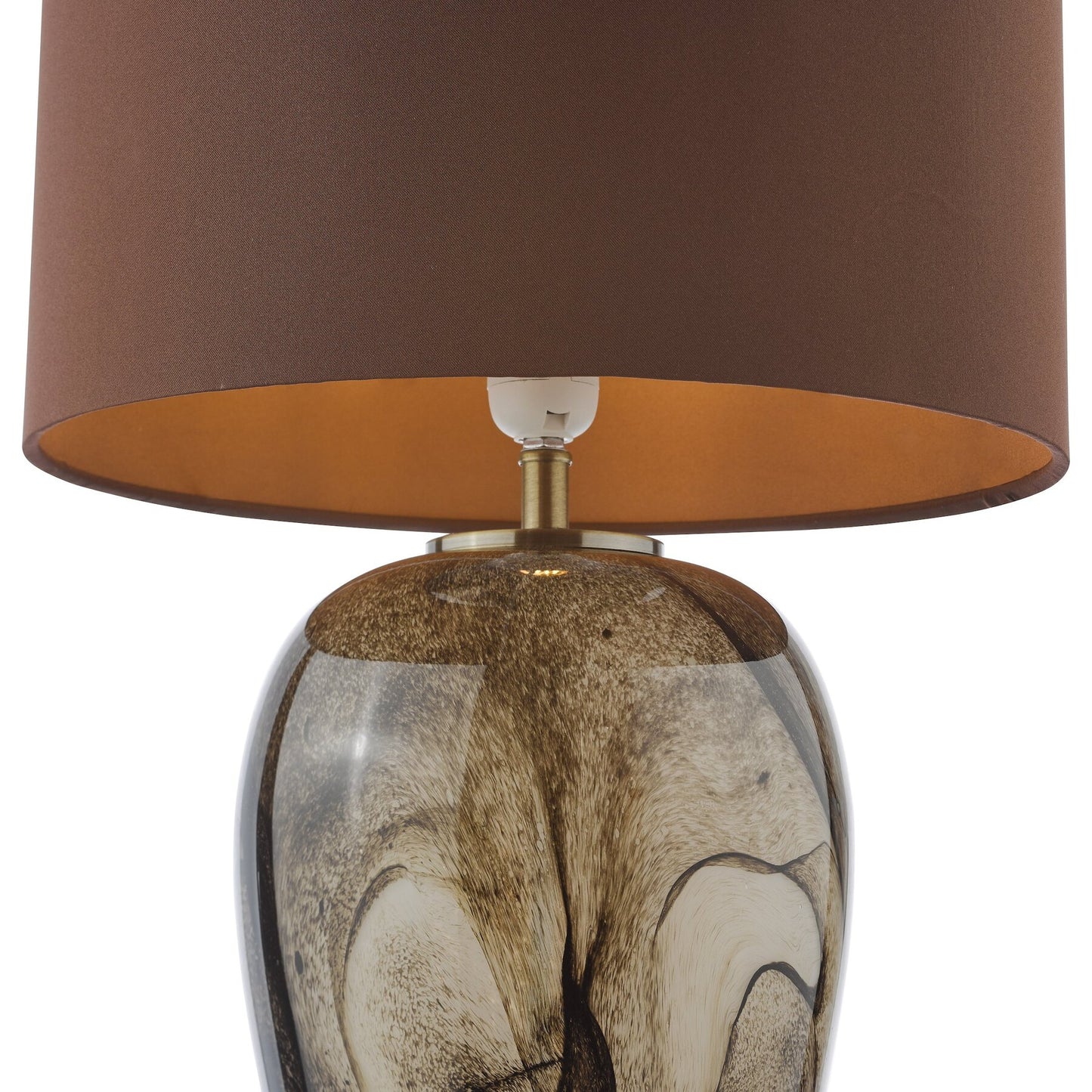 Dar lighting table lamp with brown shade and decorative base on a white background