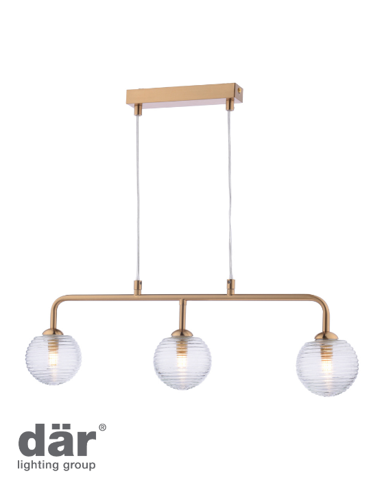 Modern bar pendant light with three ribbed glass shades and bronze fixtures on a white background, featuring the dar lighting group logo.