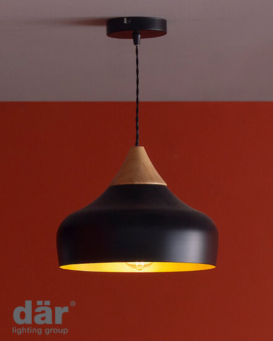 Black pendant light with wooden accent against a red wall, featuring the dar lighting group logo.