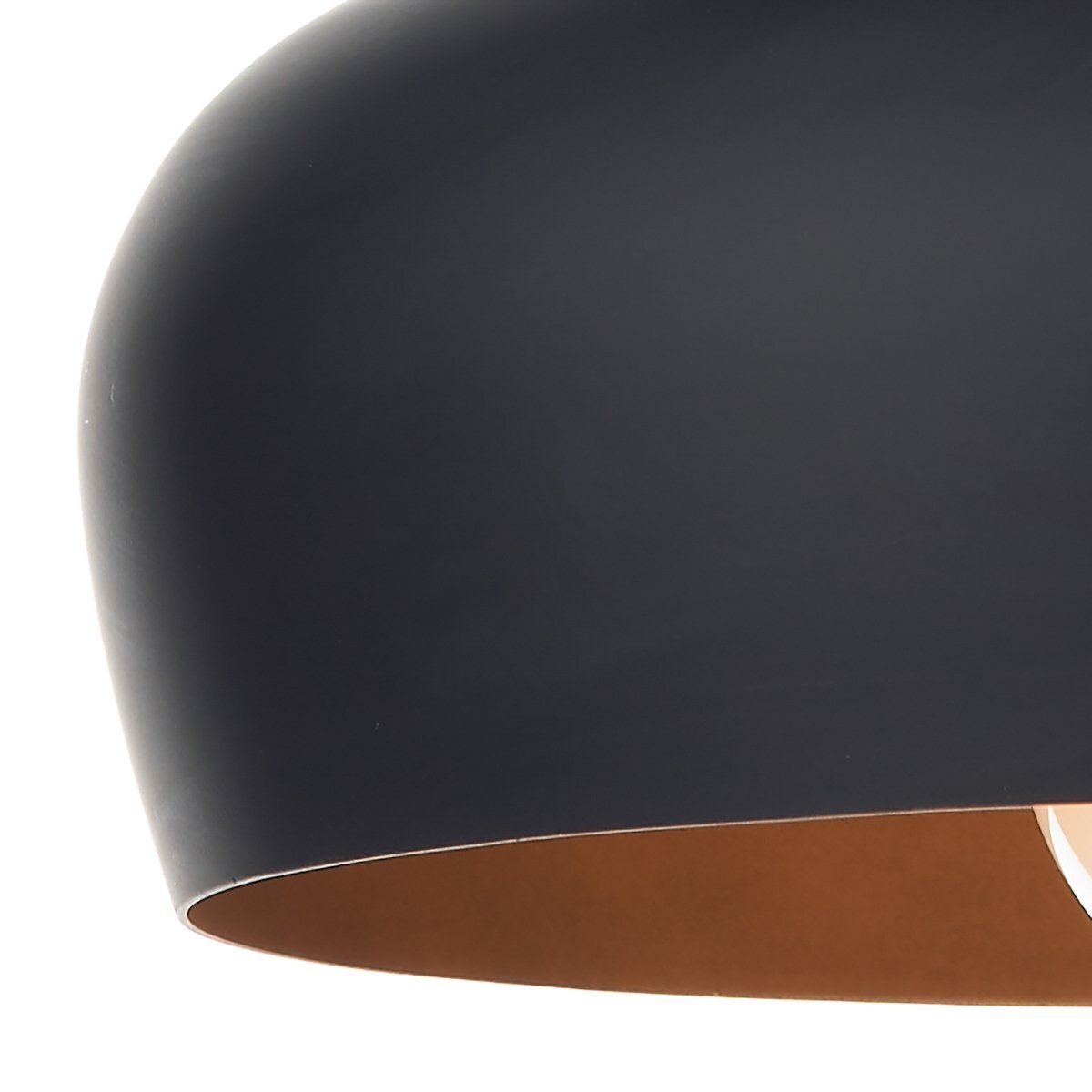 Close-up of a dar lighting black lampshade with a copper interior on a white background