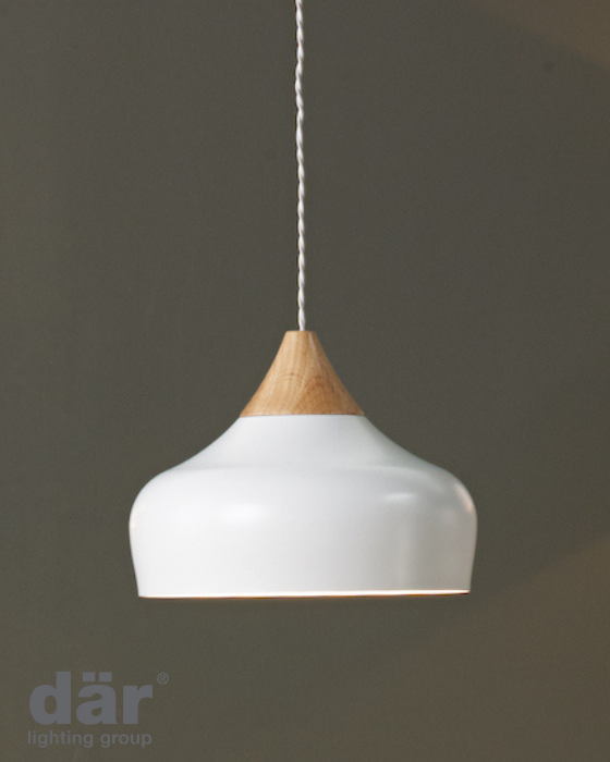 Pendant light with wooden top and white shade on a dark background, featuring the dar lighting group logo.