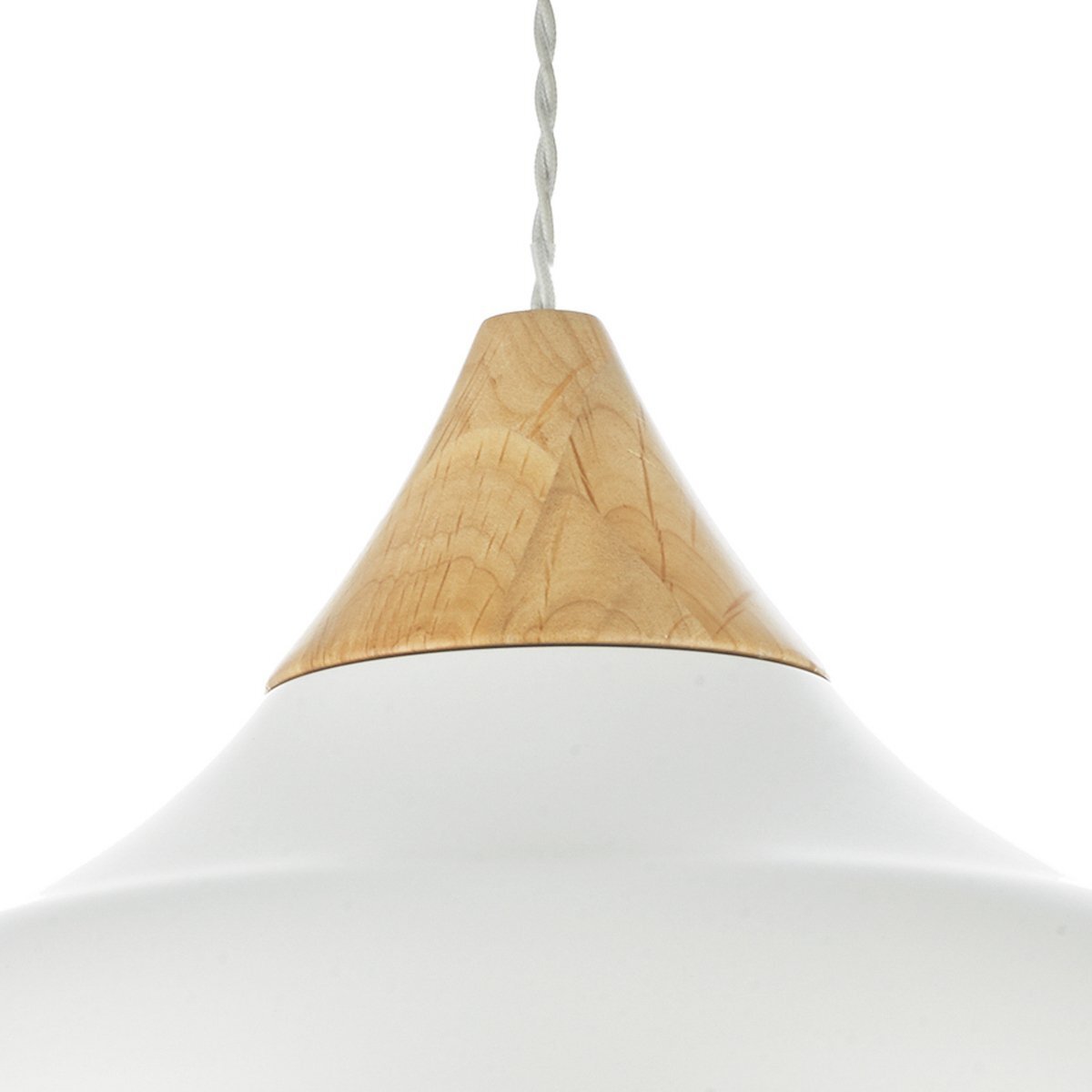Dar lighitng pendant light with wooden shade on a white background