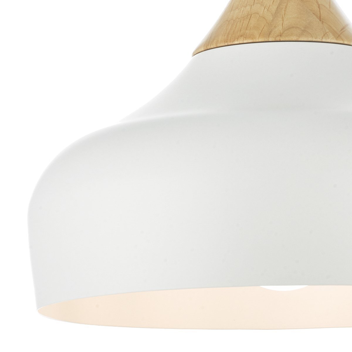 Close-up of a dar lighting white and beige lampshade with wooden accents on a white background