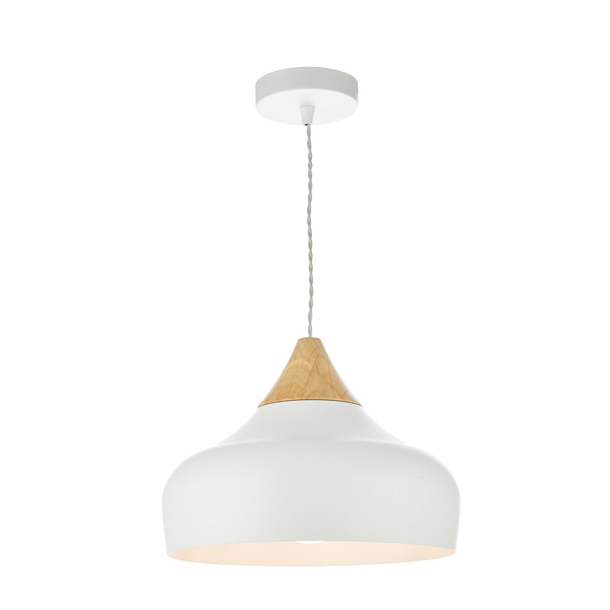 Dar lighting pendant light with white shade and wooden top on a white background