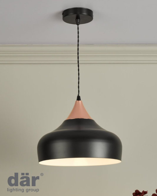 Dar Lighting black and copper round pendant ceiling light on pale grey background with logo at the bottom left corner.