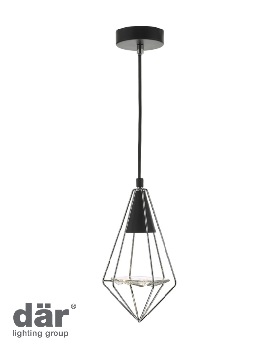 Modern black wire pendant light with geometric design on a white background, featuring the dar lighting group logo.