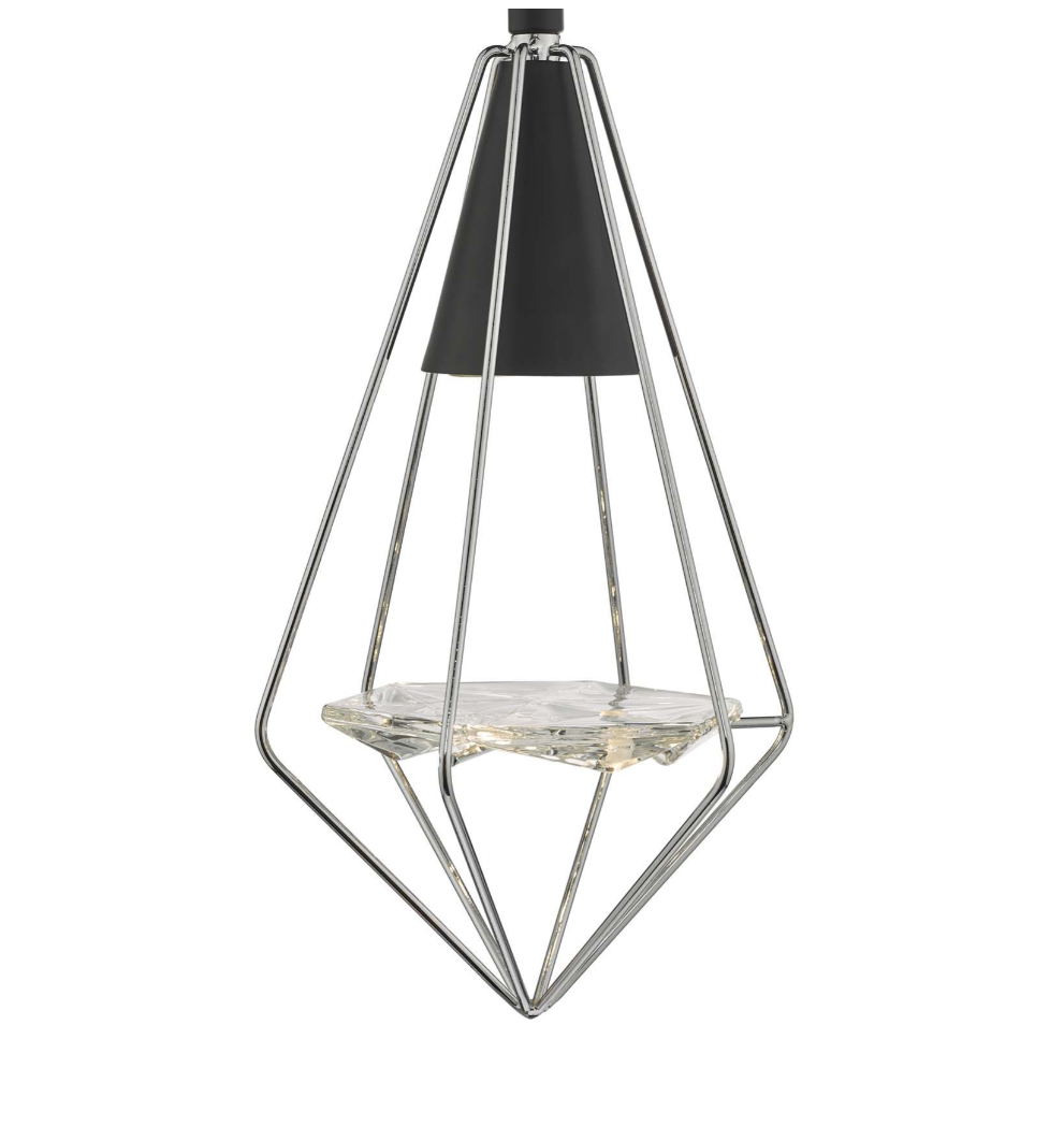 Geometric black wire pendant light metallic frame close up on a white background.