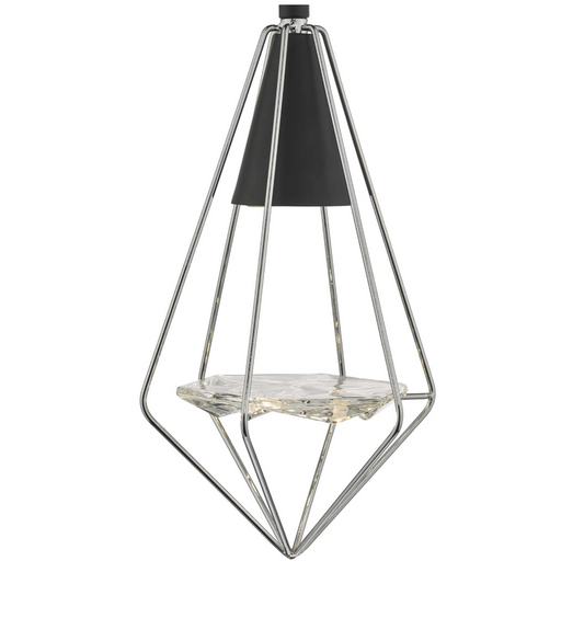 Geometric black wire pendant light metallic frame close up on a white background.