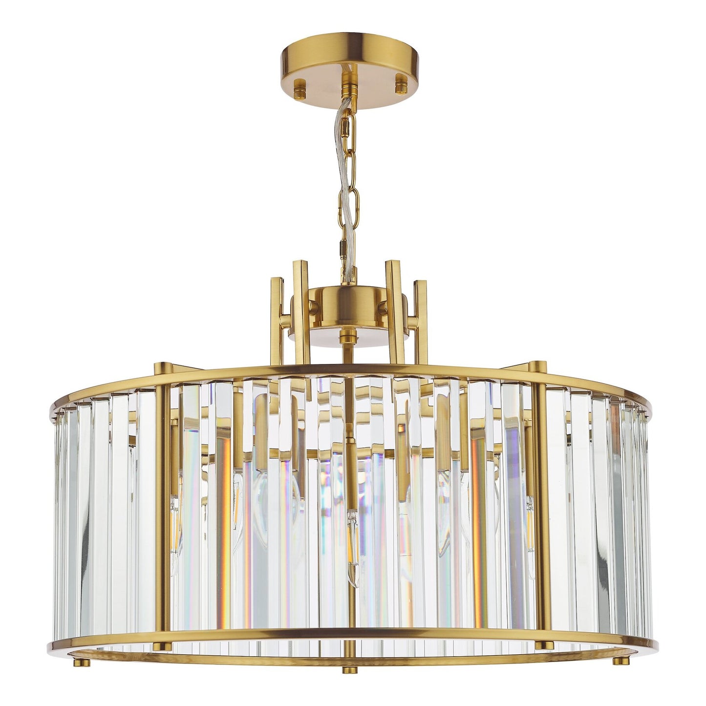 Gold dar lighting chandelier with clear glass panels on a white background